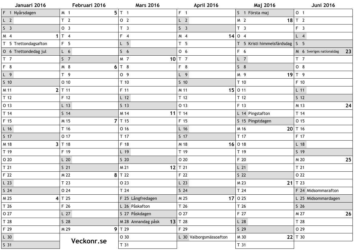 Kalender fÃ¶r 2016 med helgdagar och veckonummer ... online almenacka ...