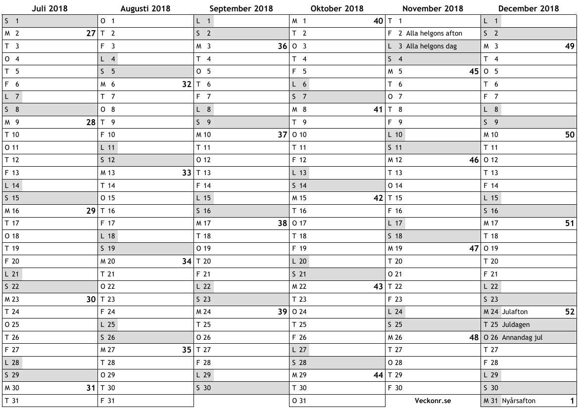 Kalender 2018, 2:a halvår