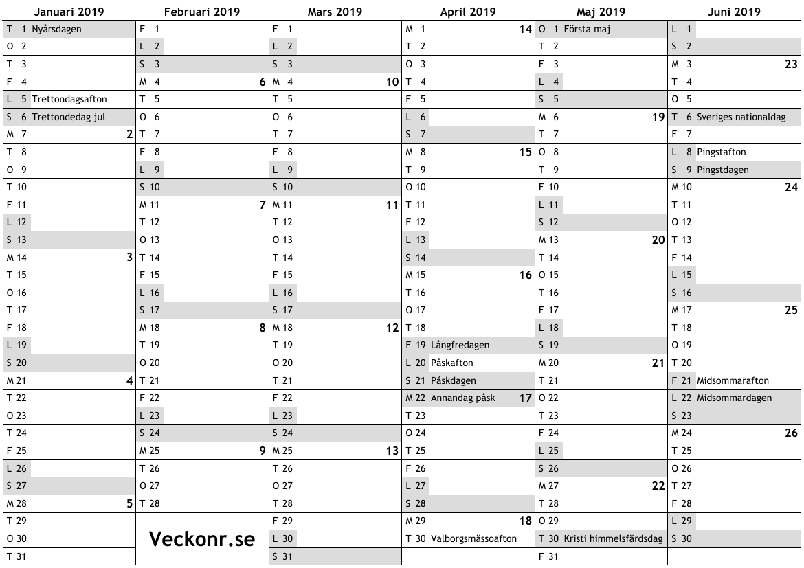 Kalender For 2019 Med Helgdagar Och Veckonummer Online Almanacka Med Veckor Allmanna Helgdager Roda Dagar A4 Gratis Download Print Pdf