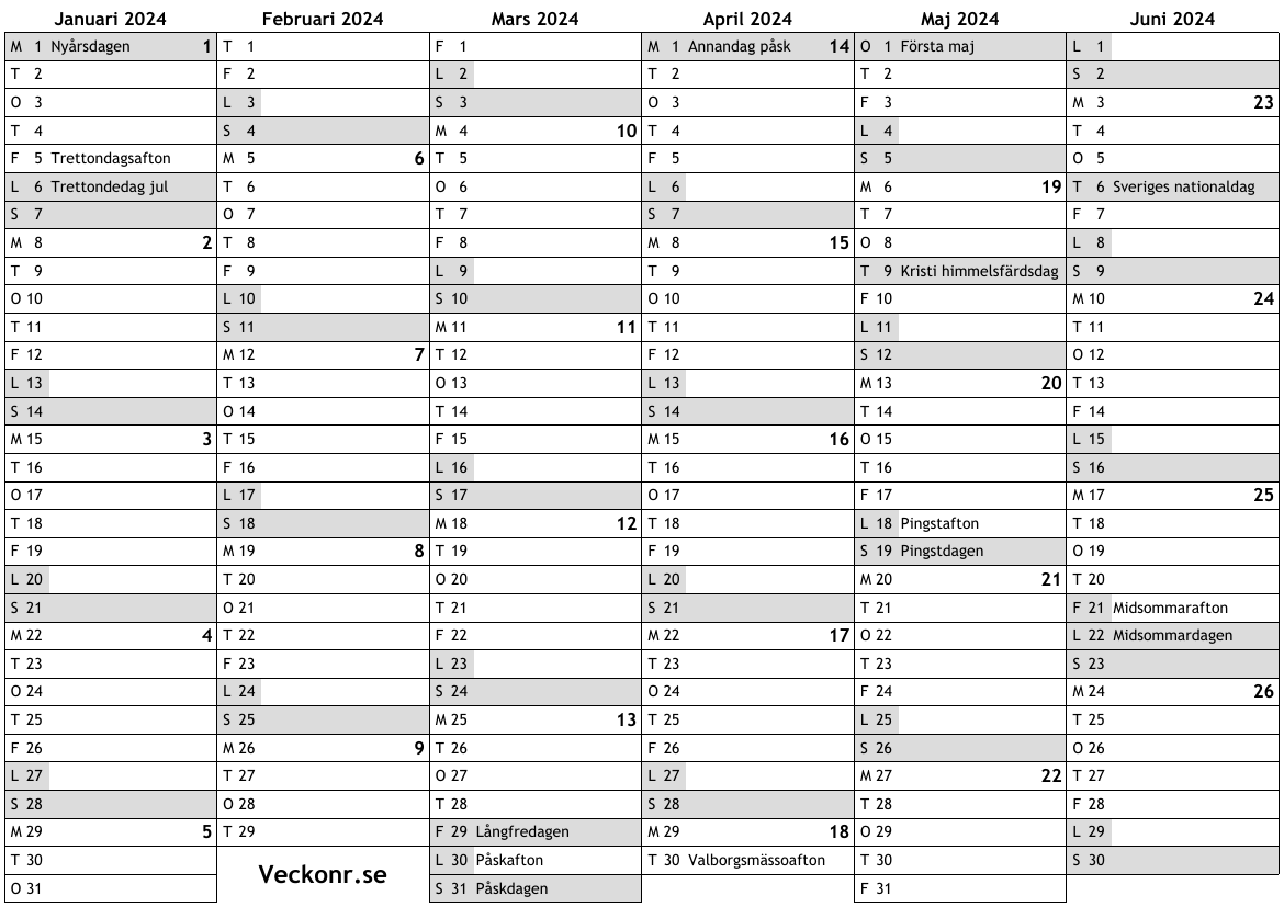 Kalender för 2024 med helgdagar och veckonummer … online almanacka med